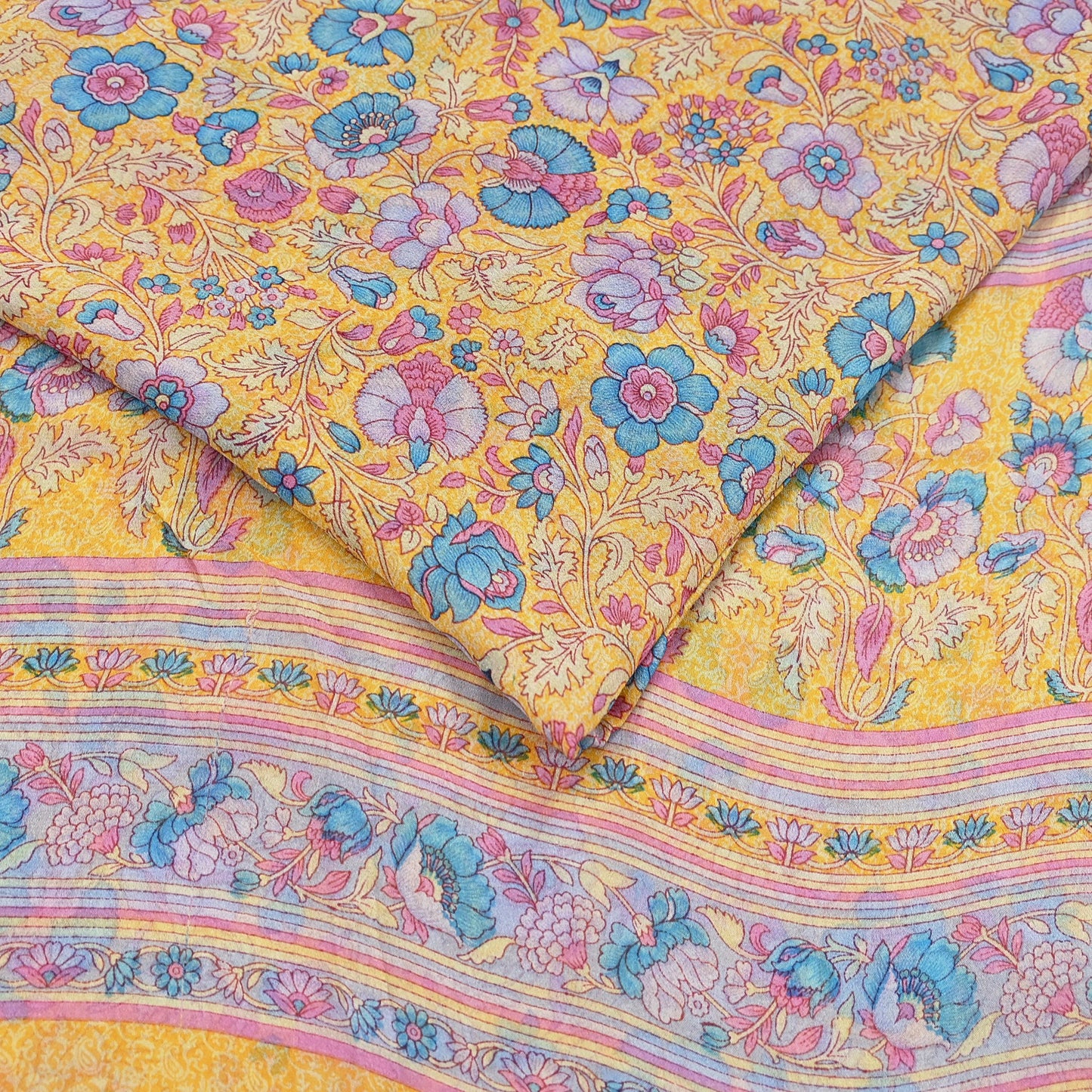 Indian Vintage Sari Yellow 100% Pure Georgette Silk Block Printed Sarees Sewing 5yd Craft Soft Dress Designing for Crafting Abstract