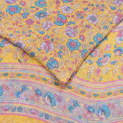 Indian Vintage Sari Yellow 100% Pure Georgette Silk Block Printed Sarees Sewing 5yd Craft Soft Dress Designing for Crafting Abstract