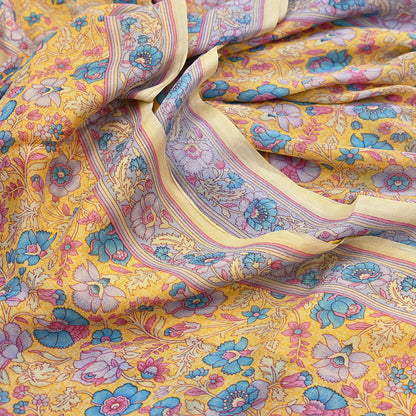 Indian Vintage Sari Yellow 100% Pure Georgette Silk Block Printed Sarees Sewing 5yd Craft Soft Dress Designing for Crafting Abstract