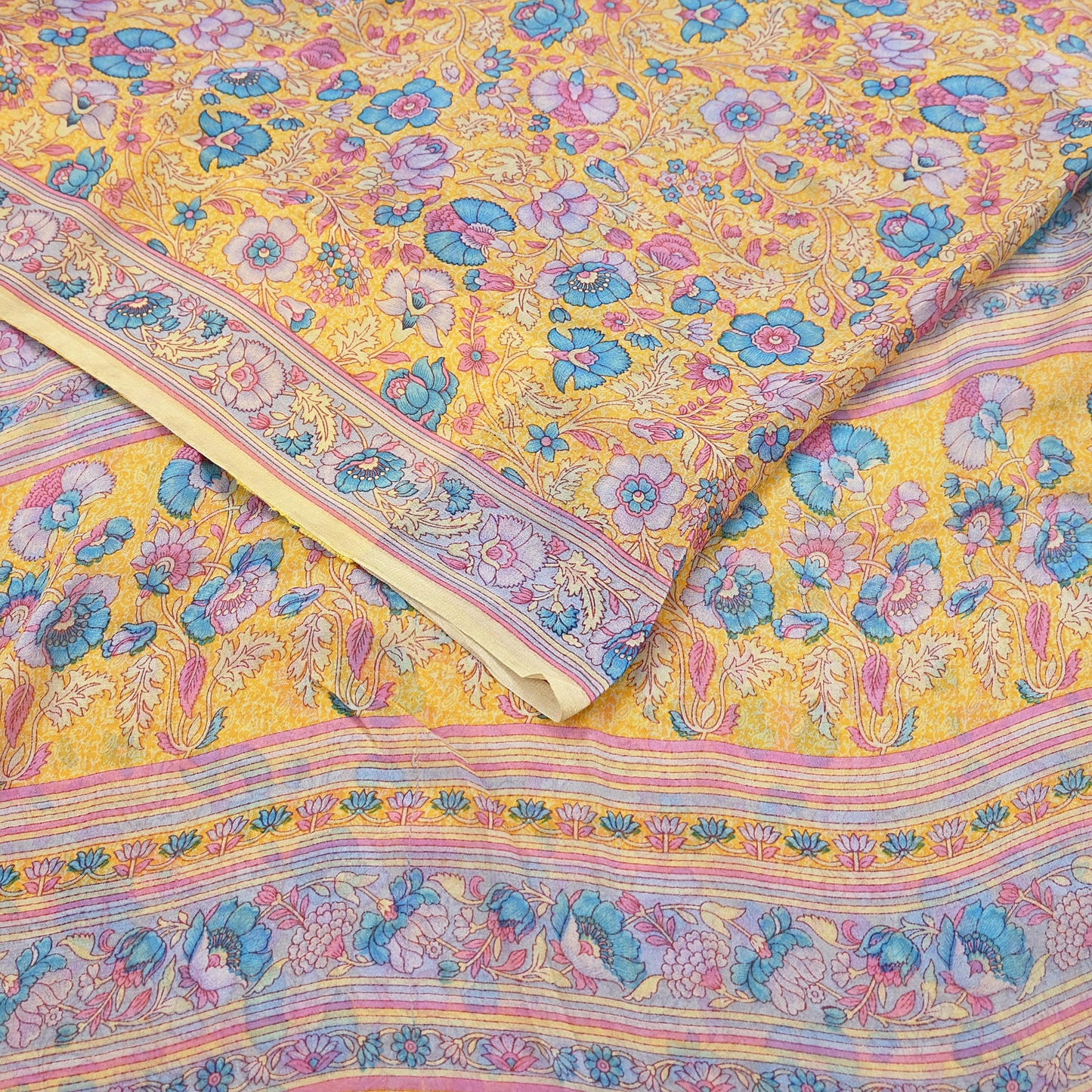 Indian Vintage Sari Yellow 100% Pure Georgette Silk Block Printed Sarees Sewing 5yd Craft Soft Dress Designing for Crafting Abstract