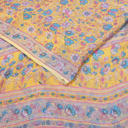 Indian Vintage Sari Yellow 100% Pure Georgette Silk Block Printed Sarees Sewing 5yd Craft Soft Dress Designing for Crafting Abstract