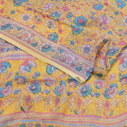Indian Vintage Sari Yellow 100% Pure Georgette Silk Block Printed Sarees Sewing 5yd Craft Soft Dress Designing for Crafting Abstract