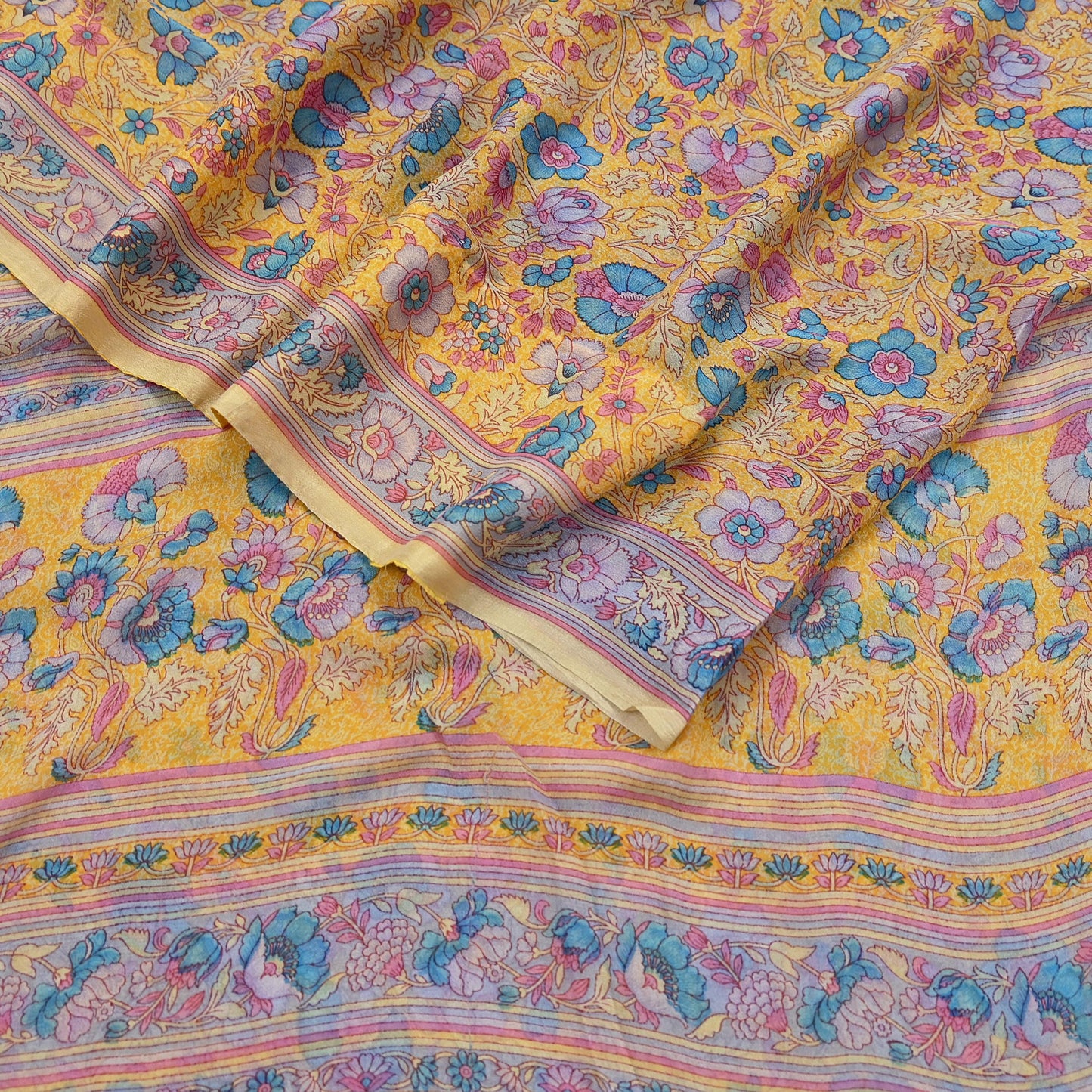 Indian Vintage Sari Yellow 100% Pure Georgette Silk Block Printed Sarees Sewing 5yd Craft Soft Dress Designing for Crafting Abstract