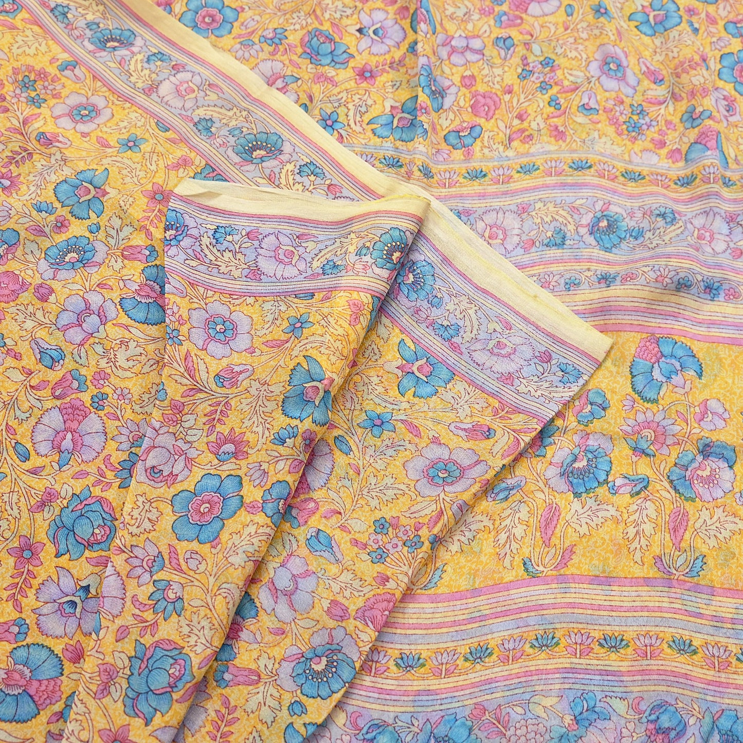 Indian Vintage Sari Yellow 100% Pure Georgette Silk Block Printed Sarees Sewing 5yd Craft Soft Dress Designing for Crafting Abstract