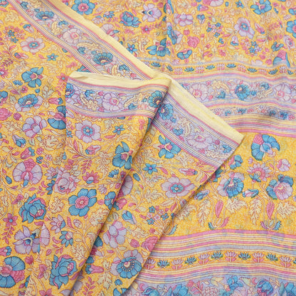Indian Vintage Sari Yellow 100% Pure Georgette Silk Block Printed Sarees Sewing 5yd Craft Soft Dress Designing for Crafting Abstract