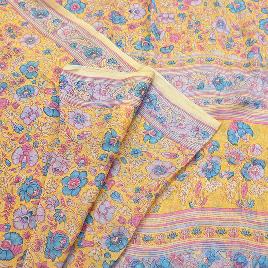 Indian Vintage Sari Yellow 100% Pure Georgette Silk Block Printed Sarees Sewing 5yd Craft Soft Dress Designing for Crafting Abstract