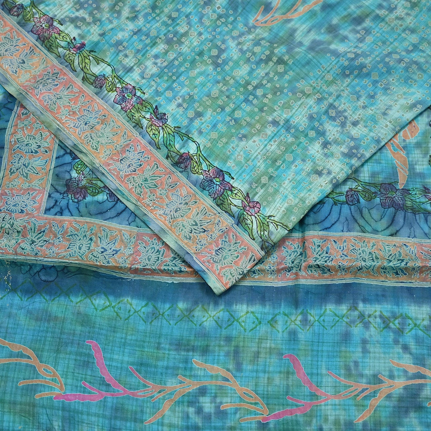 Indian Vintage Sari Blue & Turquoise Printed Sari Pure Silk Sarees 5yd Craft Fabric Sewing Soft Floral Wrap Upcycle Quilting Dress Designing