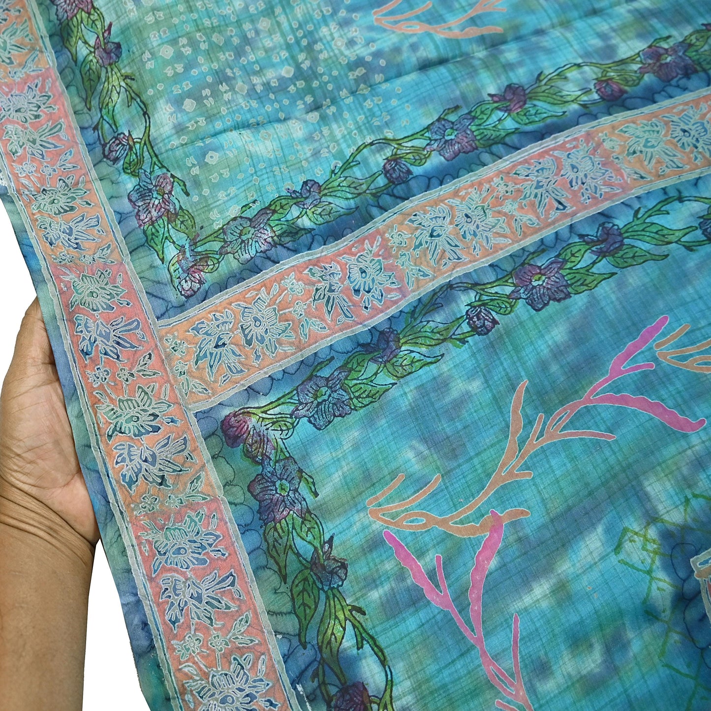 Indian Vintage Sari Blue & Turquoise Printed Sari Pure Silk Sarees 5yd Craft Fabric Sewing Soft Floral Wrap Upcycle Quilting Dress Designing