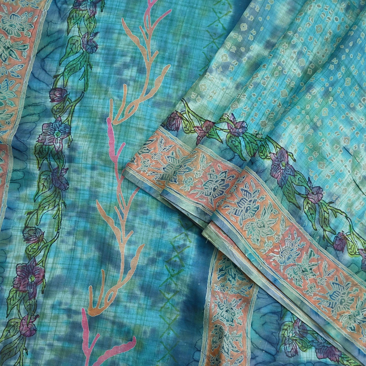Indian Vintage Sari Blue & Turquoise Printed Sari Pure Silk Sarees 5yd Craft Fabric Sewing Soft Floral Wrap Upcycle Quilting Dress Designing