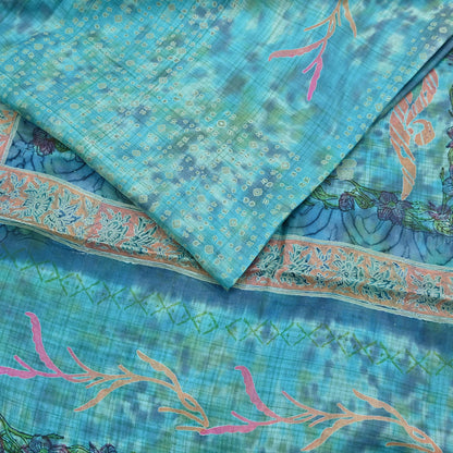 Indian Vintage Sari Blue & Turquoise Printed Sari Pure Silk Sarees 5yd Craft Fabric Sewing Soft Floral Wrap Upcycle Quilting Dress Designing