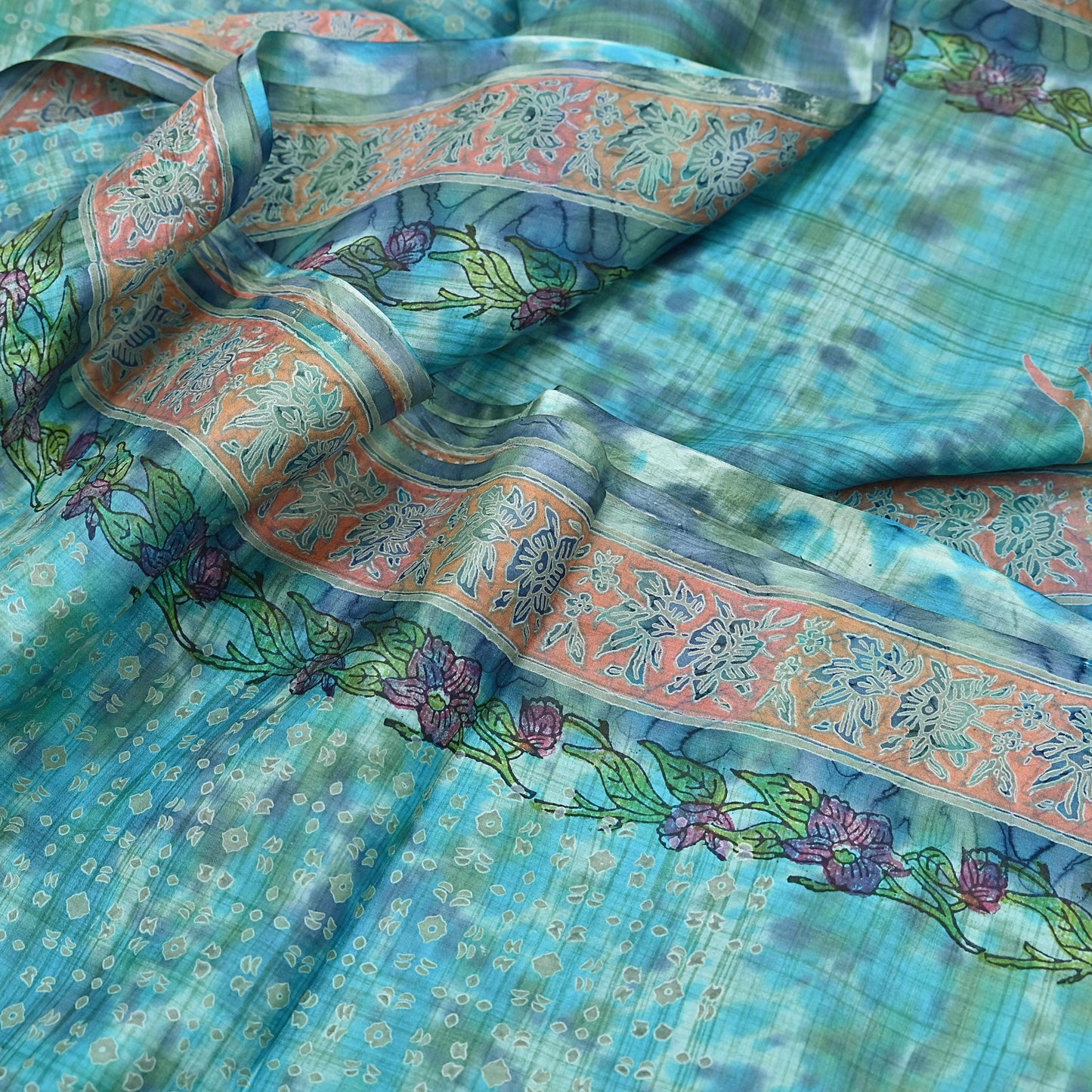 Indian Vintage Sari Blue & Turquoise Printed Sari Pure Silk Sarees 5yd Craft Fabric Sewing Soft Floral Wrap Upcycle Quilting Dress Designing
