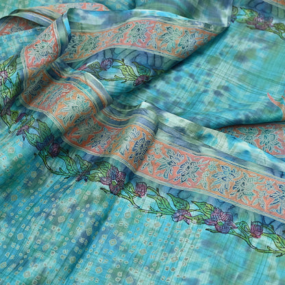 Indian Vintage Sari Blue & Turquoise Printed Sari Pure Silk Sarees 5yd Craft Fabric Sewing Soft Floral Wrap Upcycle Quilting Dress Designing