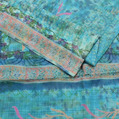 Indian Vintage Sari Blue & Turquoise Printed Sari Pure Silk Sarees 5yd Craft Fabric Sewing Soft Floral Wrap Upcycle Quilting Dress Designing