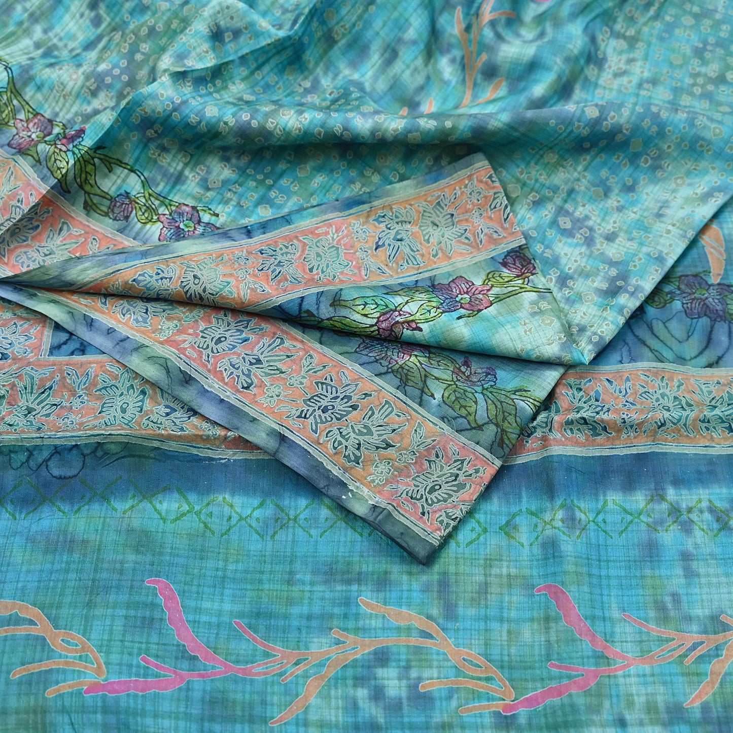 Indian Vintage Sari Blue & Turquoise Printed Sari Pure Silk Sarees 5yd Craft Fabric Sewing Soft Floral Wrap Upcycle Quilting Dress Designing