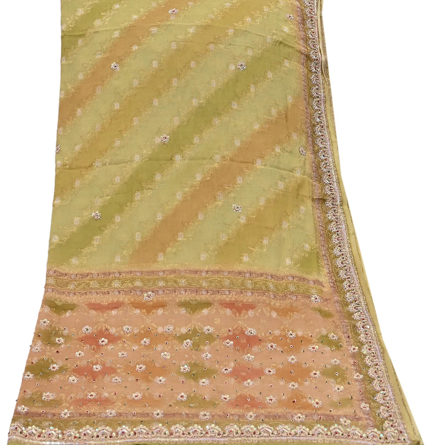 Indian Vintage Green Dupatta Long Stole Pure Silk Hand Embroidered Scarves Veil Scarf Wrap Hippie Boho