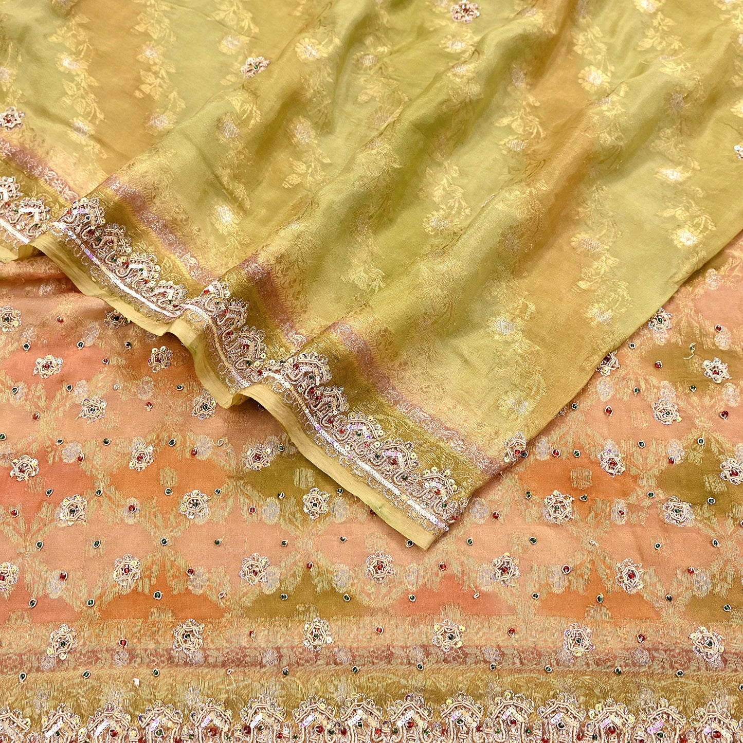 Indian Vintage Green Dupatta Long Stole Pure Silk Hand Embroidered Scarves Veil Scarf Wrap Hippie Boho