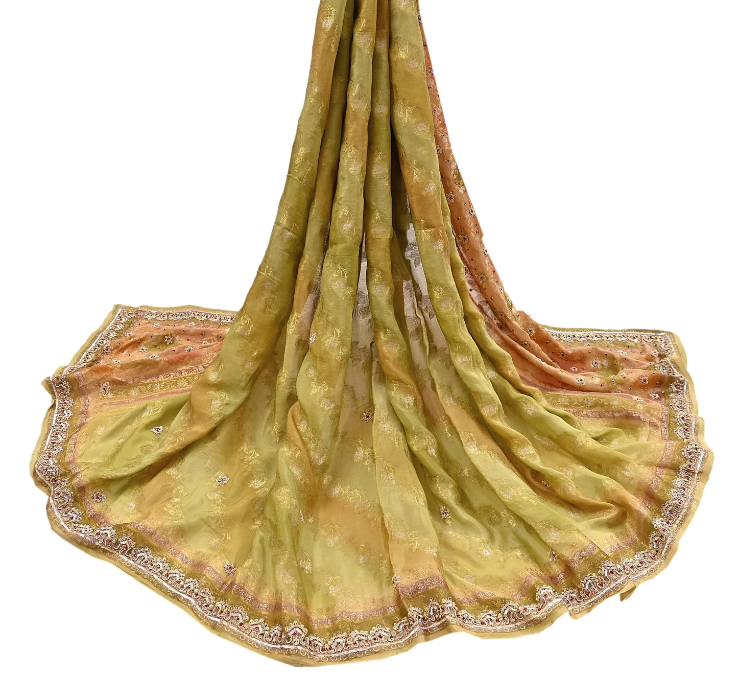 Indian Vintage Green Dupatta Long Stole Pure Silk Hand Embroidered Scarves Veil Scarf Wrap Hippie Boho
