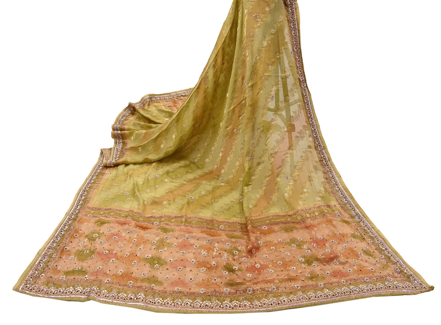 Indian Vintage Green Dupatta Long Stole Pure Silk Hand Embroidered Scarves Veil Scarf Wrap Hippie Boho