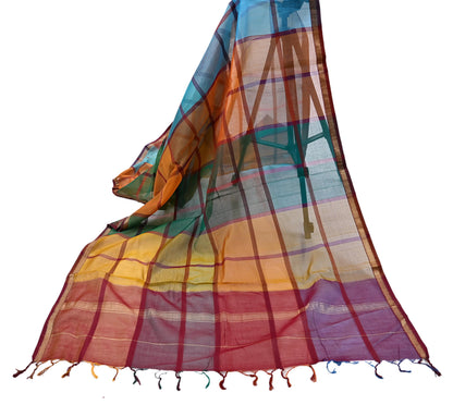 Indian Vintage Dupatta Multi Long Stole Block Print Pure Chanderi Silk Scarves Veil Zari Wrap Hijab Fringes