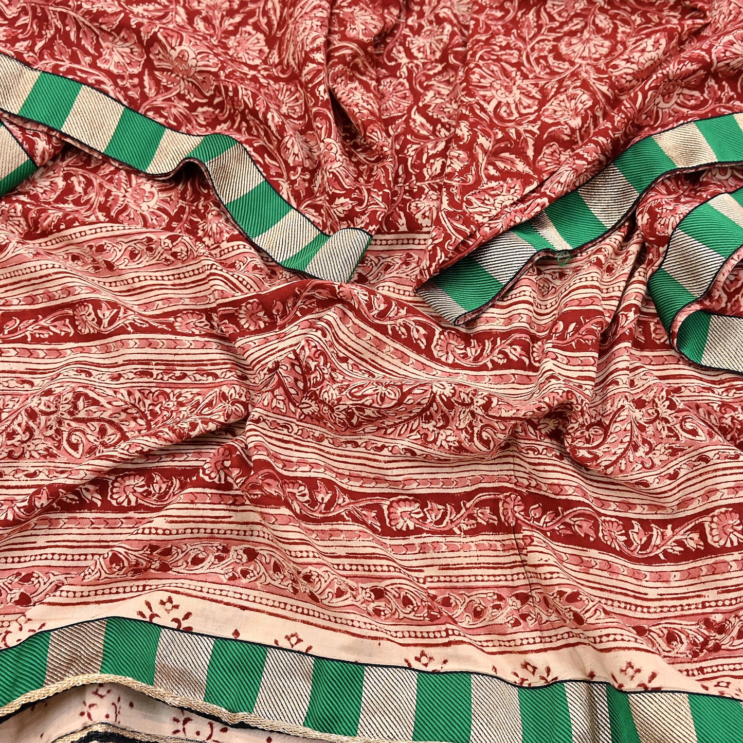Indian Red & Beige Vintage Dupatta Long Stole Block Print 100% Pure Cotton Scarf Veil Soft Floral Boho Scarves