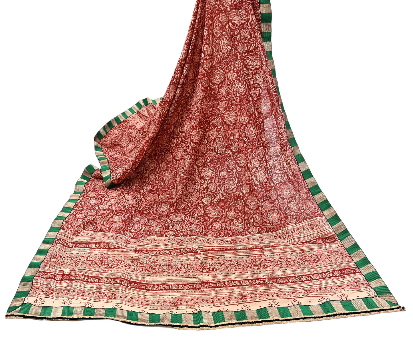 Indian Red & Beige Vintage Dupatta Long Stole Block Print 100% Pure Cotton Scarf Veil Soft Floral Boho Scarves