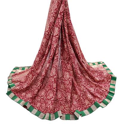 Indian Red & Beige Vintage Dupatta Long Stole Block Print 100% Pure Cotton Scarf Veil Soft Floral Boho Scarves