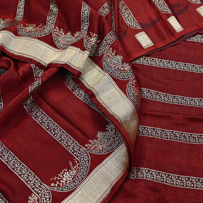 Vintage Banarasi Saree Pure Satin Silk Woven Brocade Zari Fabric Maroon Heavy Craft Sari 5 Yards Indian Antique Textile Dress Making