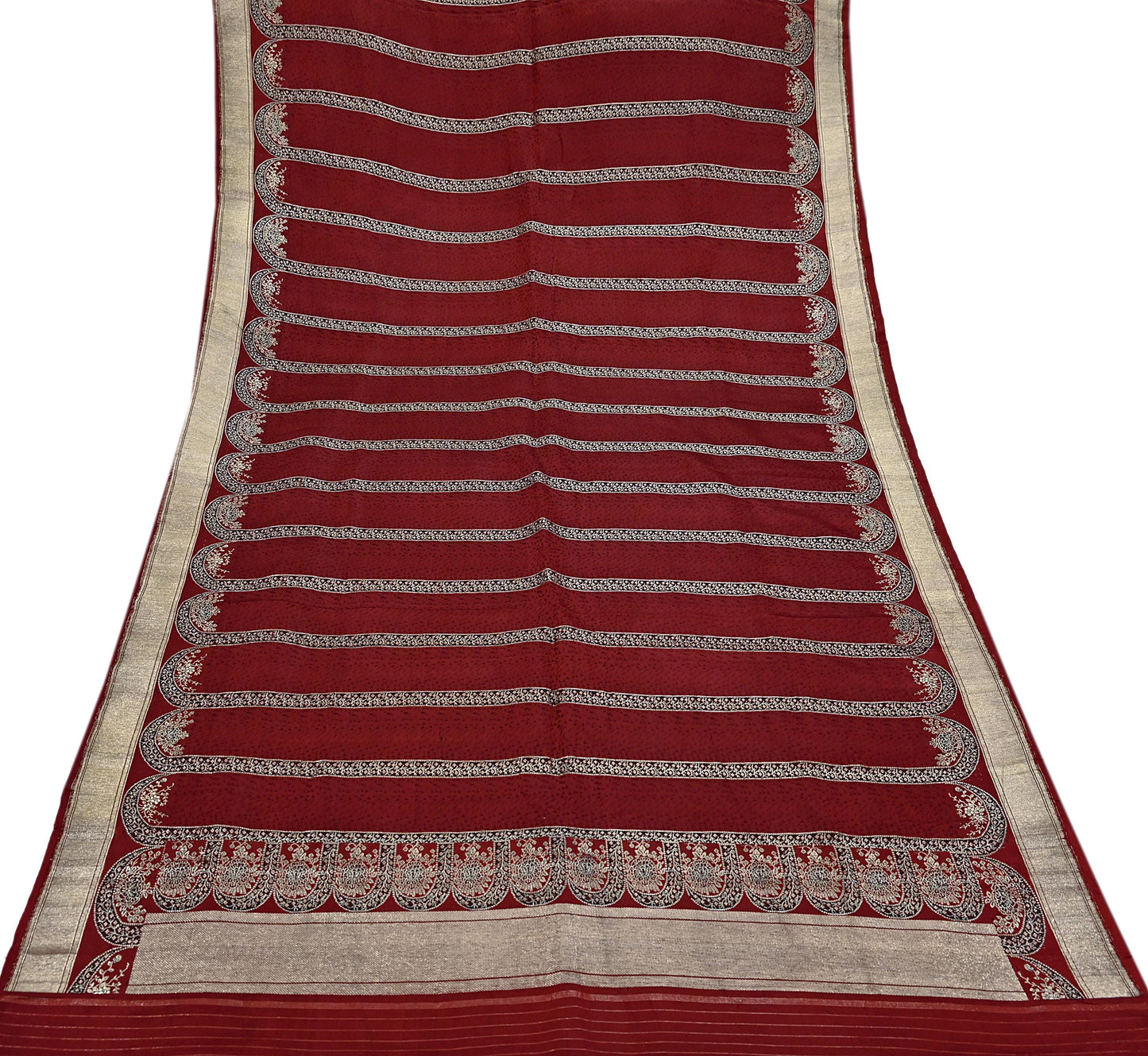 Vintage Banarasi Saree Pure Satin Silk Woven Brocade Zari Fabric Maroon Heavy Craft Sari 5 Yards Indian Antique Textile Dress Making
