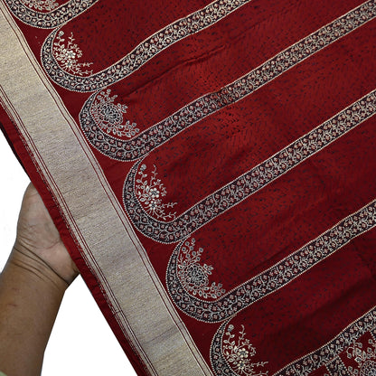 Vintage Banarasi Saree Pure Satin Silk Woven Brocade Zari Fabric Maroon Heavy Craft Sari 5 Yards Indian Antique Textile Dress Making