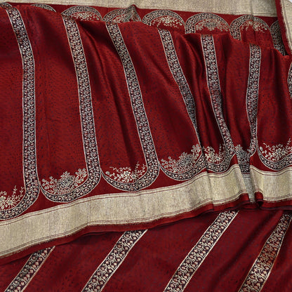 Vintage Banarasi Saree Pure Satin Silk Woven Brocade Zari Fabric Maroon Heavy Craft Sari 5 Yards Indian Antique Textile Dress Making