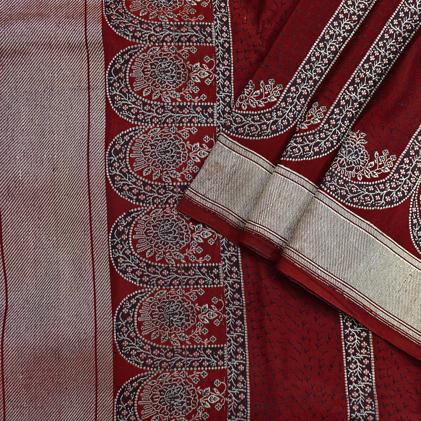 Vintage Banarasi Saree Pure Satin Silk Woven Brocade Zari Fabric Maroon Heavy Craft Sari 5 Yards Indian Antique Textile Dress Making