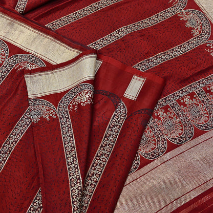 Vintage Banarasi Saree Pure Satin Silk Woven Brocade Zari Fabric Maroon Heavy Craft Sari 5 Yards Indian Antique Textile Dress Making