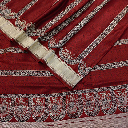 Vintage Banarasi Saree Pure Satin Silk Woven Brocade Zari Fabric Maroon Heavy Craft Sari 5 Yards Indian Antique Textile Dress Making