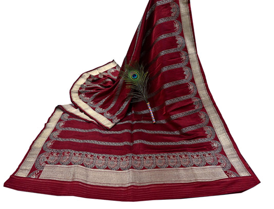 Vintage Banarasi Saree Pure Satin Silk Woven Brocade Zari Fabric Maroon Heavy Craft Sari 5 Yards Indian Antique Textile Dress Making