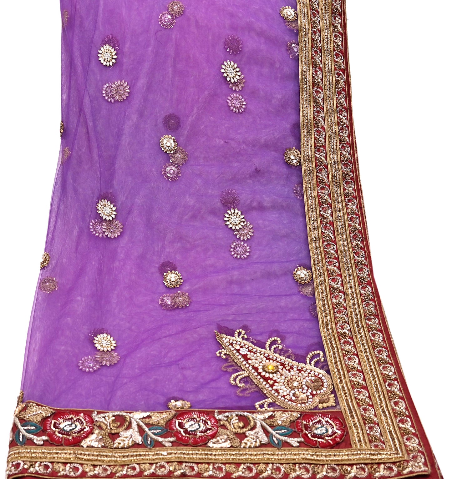 Indian Vintage Heavy Wedding Purple Dupatta Net Mesh Long Stole Hand Embroidered Scarves Golden Zardozi Dabka Zari Stole