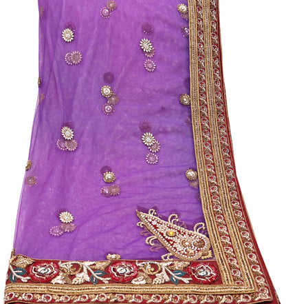 Indian Vintage Heavy Wedding Purple Dupatta Net Mesh Long Stole Hand Embroidered Scarves Golden Zardozi Dabka Zari Stole