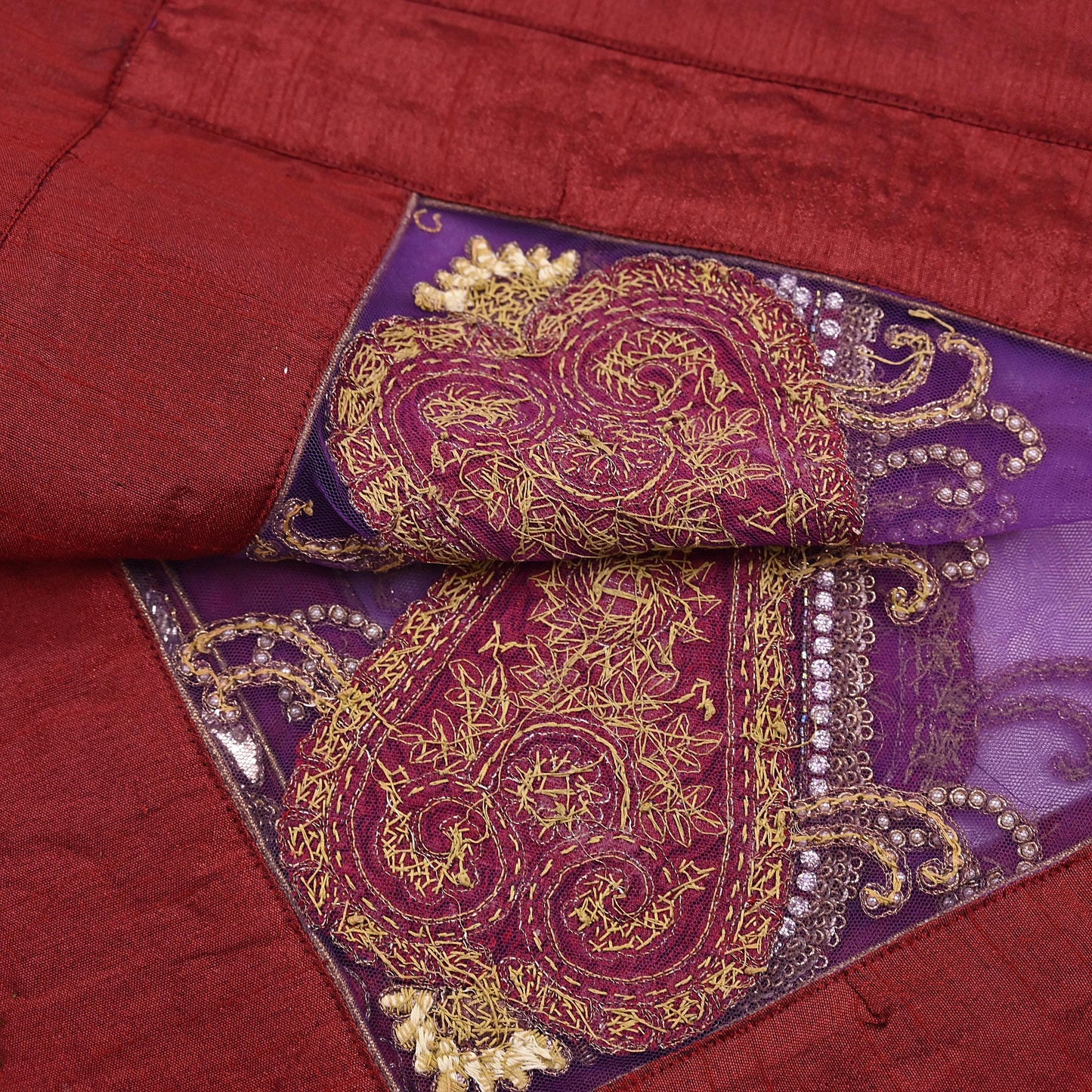 Indian Vintage Heavy Wedding Purple Dupatta Net Mesh Long Stole Hand Embroidered Scarves Golden Zardozi Dabka Zari Stole