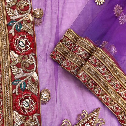 Indian Vintage Heavy Wedding Purple Dupatta Net Mesh Long Stole Hand Embroidered Scarves Golden Zardozi Dabka Zari Stole
