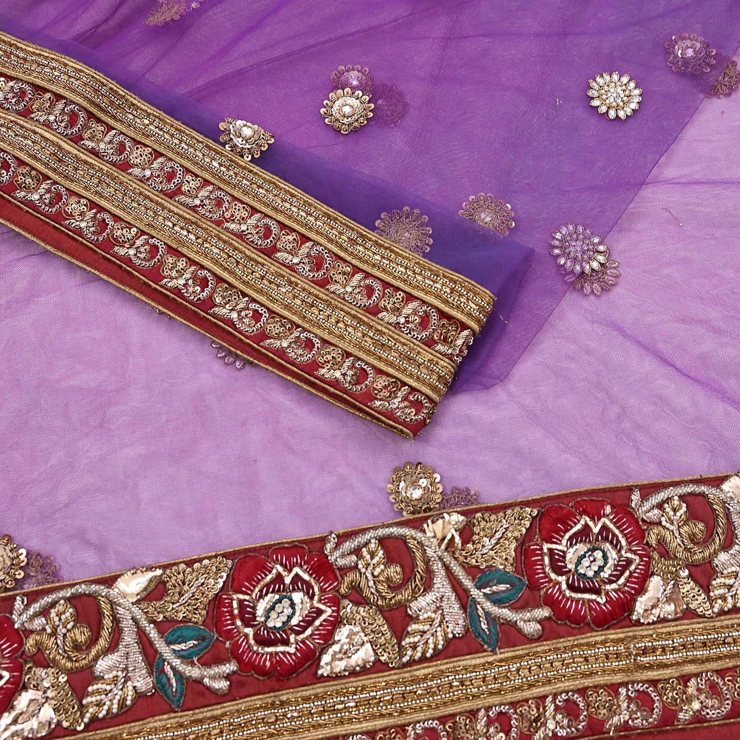 Indian Vintage Heavy Wedding Purple Dupatta Net Mesh Long Stole Hand Embroidered Scarves Golden Zardozi Dabka Zari Stole