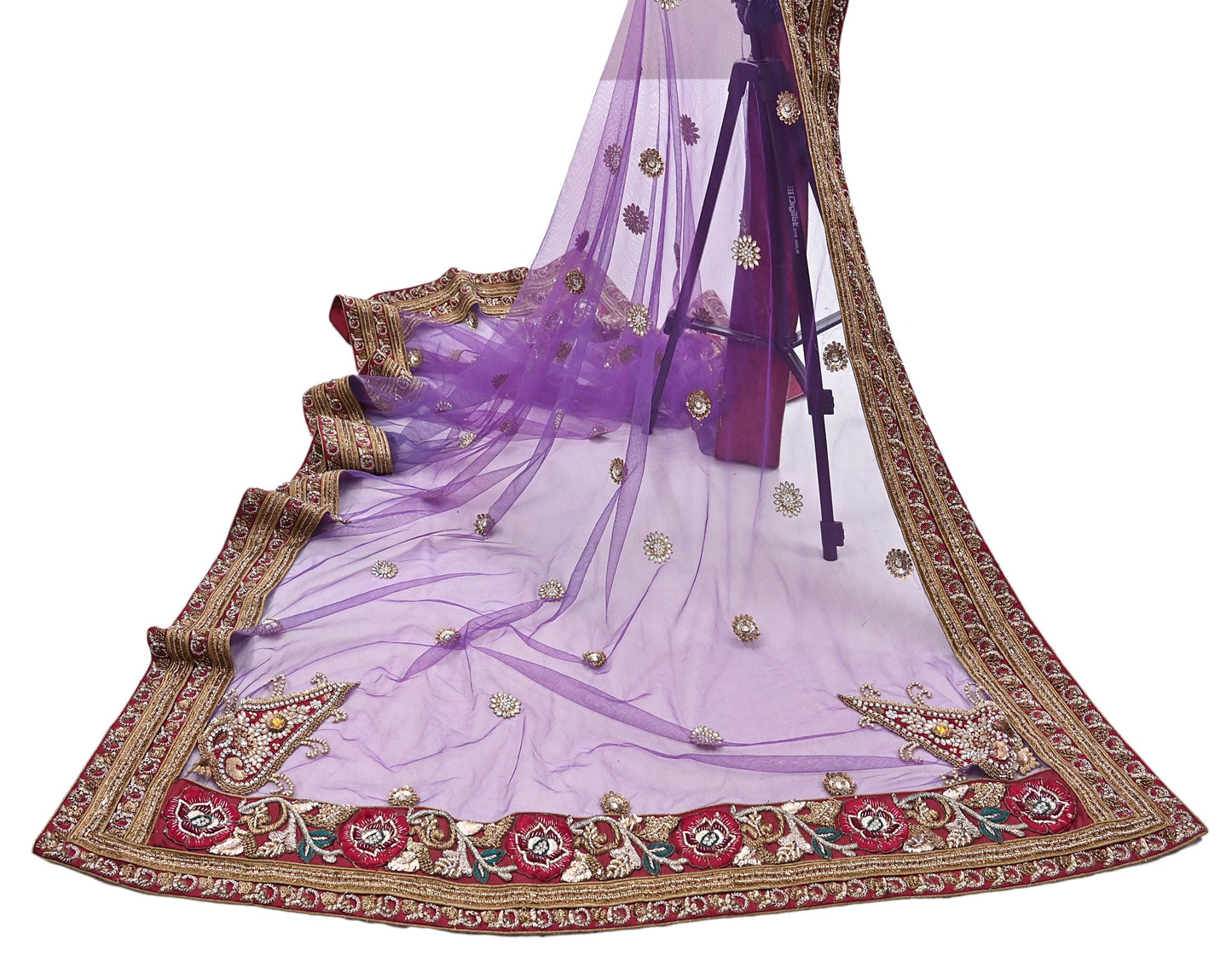 Indian Vintage Heavy Wedding Purple Dupatta Net Mesh Long Stole Hand Embroidered Scarves Golden Zardozi Dabka Zari Stole