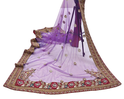 Indian Vintage Heavy Wedding Purple Dupatta Net Mesh Long Stole Hand Embroidered Scarves Golden Zardozi Dabka Zari Stole