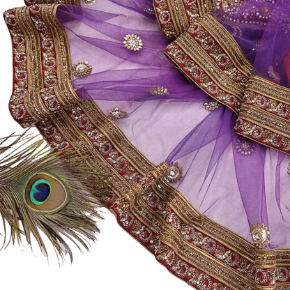 Indian Vintage Heavy Wedding Purple Dupatta Net Mesh Long Stole Hand Embroidered Scarves Golden Zardozi Dabka Zari Stole