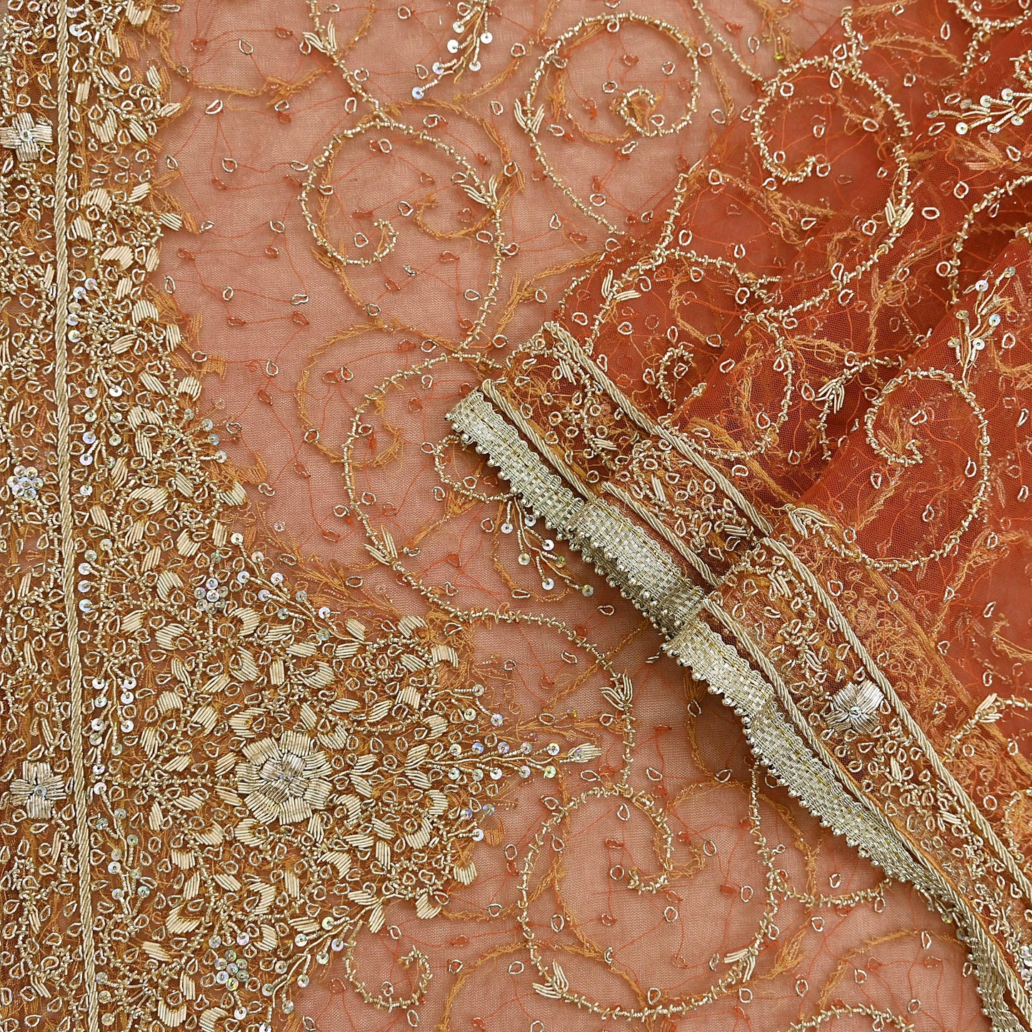 Indian Vintage Bridal Heavy Orange Dupatta Net Mesh Long Stole Hand Embroidered Scarves Golden Zardozi Dabka Zari Sequins Wedding Veil