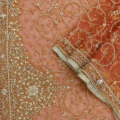 Indian Vintage Bridal Heavy Orange Dupatta Net Mesh Long Stole Hand Embroidered Scarves Golden Zardozi Dabka Zari Sequins Wedding Veil