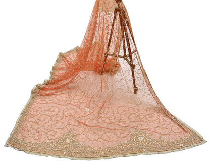 Indian Vintage Bridal Heavy Orange Dupatta Net Mesh Long Stole Hand Embroidered Scarves Golden Zardozi Dabka Zari Sequins Wedding Veil