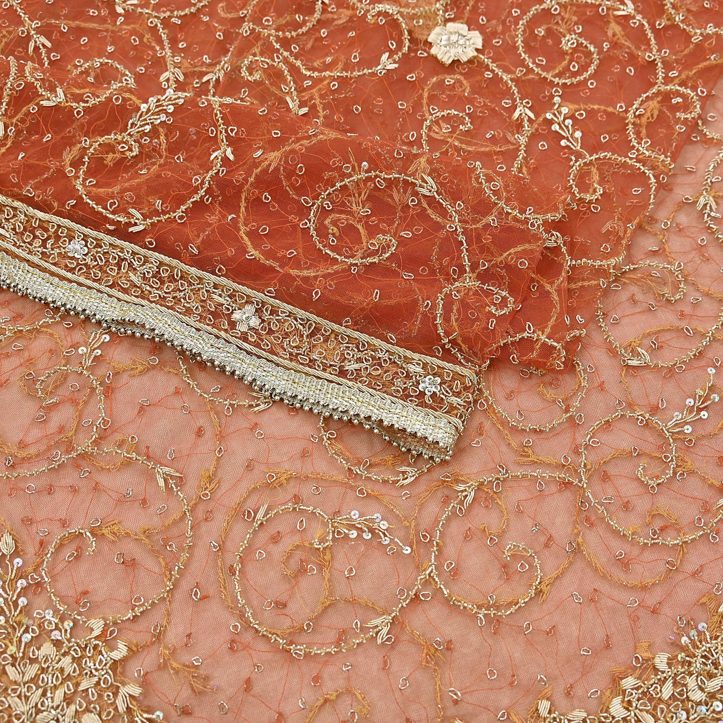 Indian Vintage Bridal Heavy Orange Dupatta Net Mesh Long Stole Hand Embroidered Scarves Golden Zardozi Dabka Zari Sequins Wedding Veil