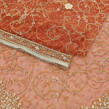 Indian Vintage Bridal Heavy Orange Dupatta Net Mesh Long Stole Hand Embroidered Scarves Golden Zardozi Dabka Zari Sequins Wedding Veil