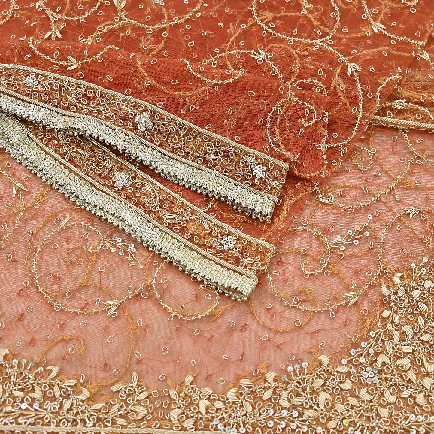 Indian Vintage Bridal Heavy Orange Dupatta Net Mesh Long Stole Hand Embroidered Scarves Golden Zardozi Dabka Zari Sequins Wedding Veil