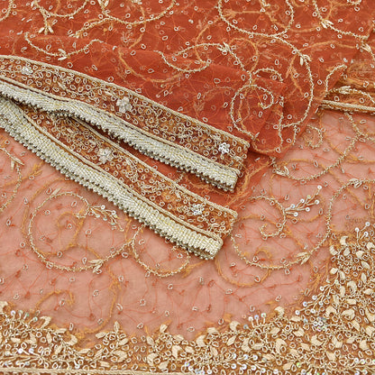 Indian Vintage Bridal Heavy Orange Dupatta Net Mesh Long Stole Hand Embroidered Scarves Golden Zardozi Dabka Zari Sequins Wedding Veil