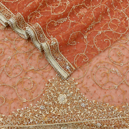 Indian Vintage Bridal Heavy Orange Dupatta Net Mesh Long Stole Hand Embroidered Scarves Golden Zardozi Dabka Zari Sequins Wedding Veil